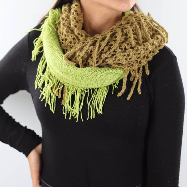 la fiorentina Infinity Scarf w/ Open Knit & Fringe - Olive Green