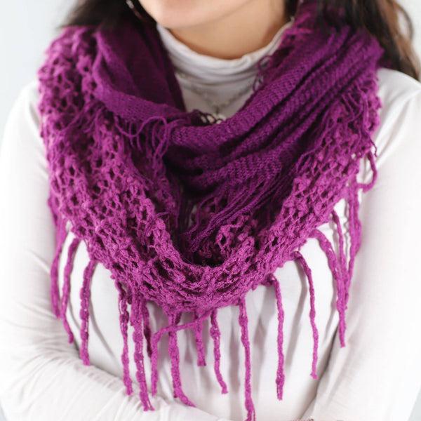 la fiorentina Infinity Scarf w/ Open Knit & Fringe-Purple