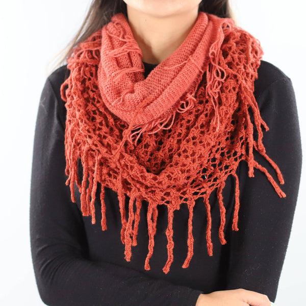 la fiorentina Infinity Scarf w/ Open Knit & Fringe - Terra Cotta/Burnt Sienna