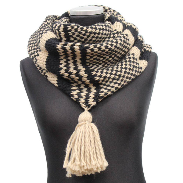 La Fiorentina Knit Infinity Muffler W/ Tassel - Black/Oatmeal