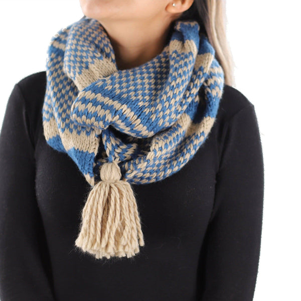 La Fiorentina Knit Infinity Muffler W/ Tassel - Sapphire/Oatmeal