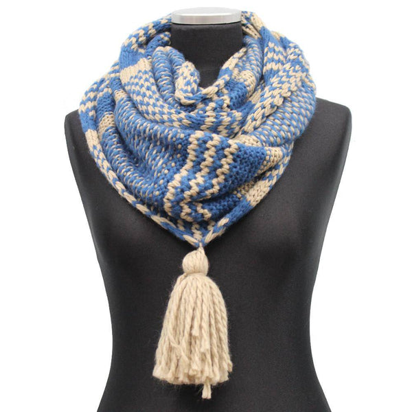 La Fiorentina Knit Infinity Muffler W/ Tassel - Sapphire/Oatmeal