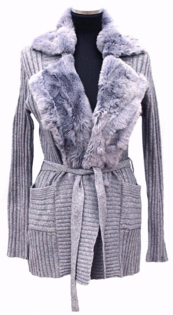la fiorentina Knit Ribbed Sweater with Rex Rabbit Fur Envelope Collar-Light Grey