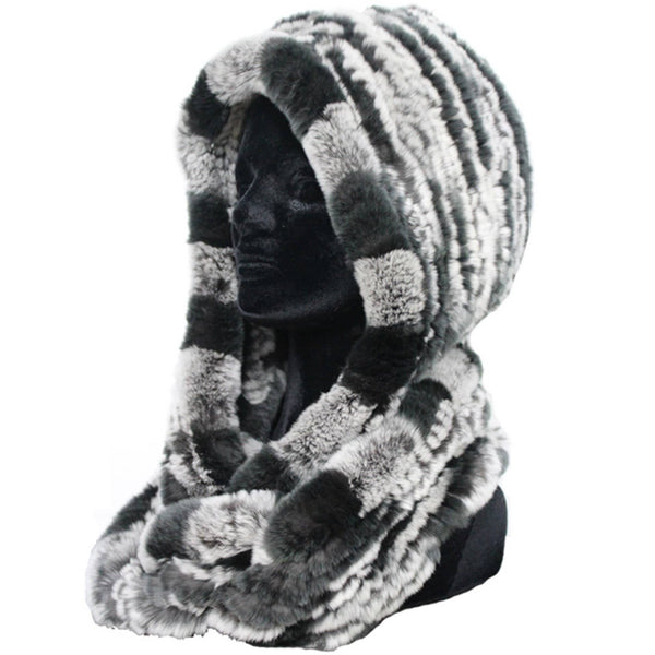 la fiorentina Knitted Rex Rabbit Fur Hat with Attached Fur Grey