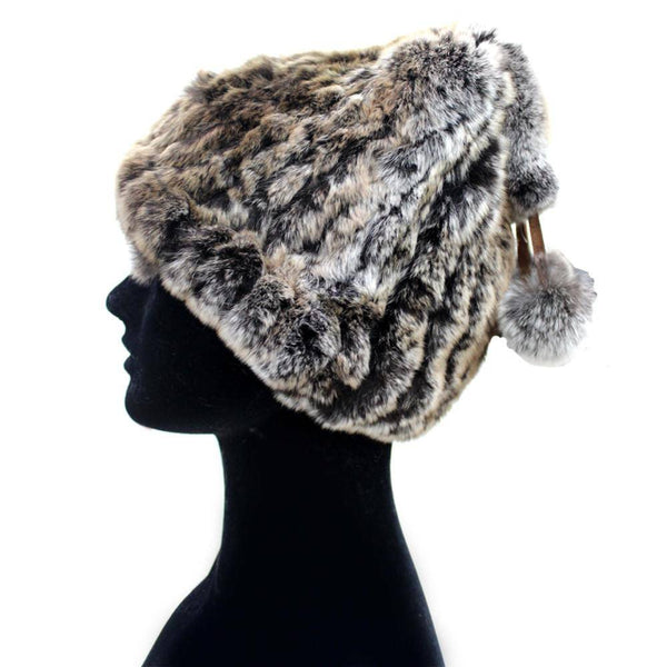 la fiorentina Knitted Rex Rabbit Fur Hat with Pom Poms-Brown