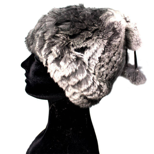 la fiorentina Knitted Rex Rabbit Fur Hat with Pom Poms-Grey