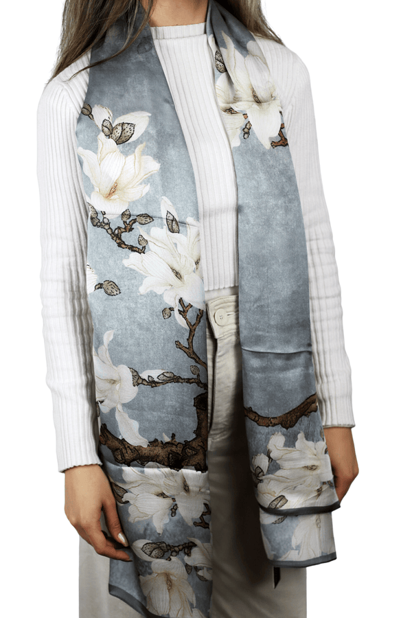 La Fiorentina La Fiorentina 100% Silk Floral Print Silk Scarf - Grey