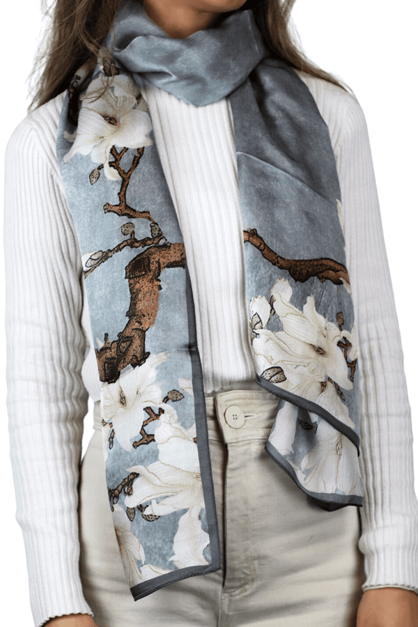 la fiorentina La Fiorentina 100% Silk Floral Print Silk Scarf - Grey