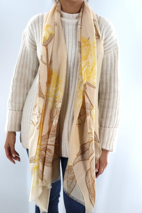 La Fiorentina La Fiorentina 100% Wool Soft Floral Scarf - Camel