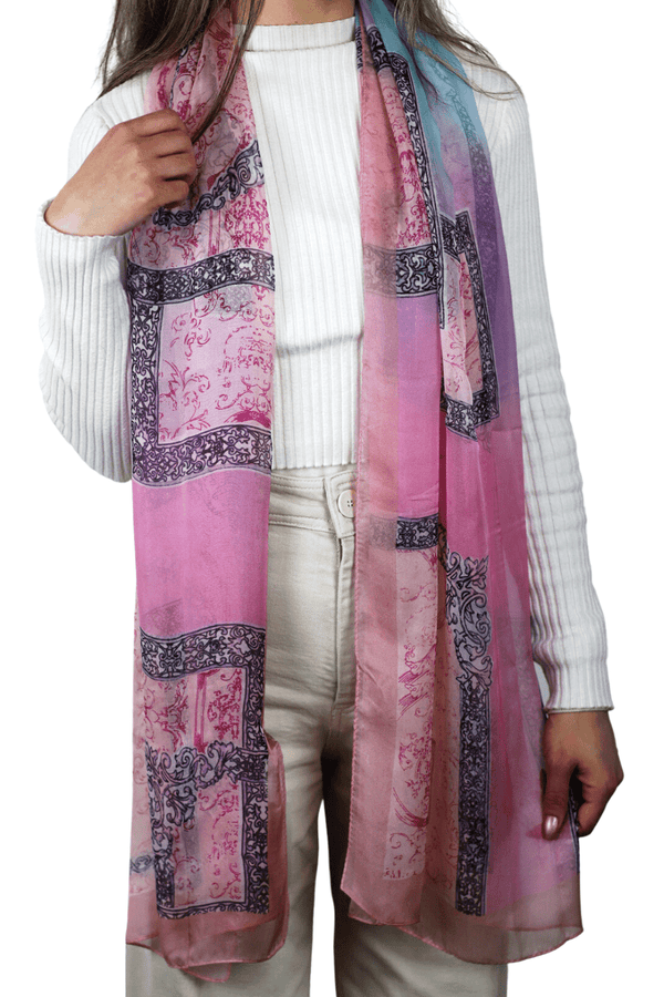 La Fiorentina Abstract Print 100% Silk Scarf - Pink