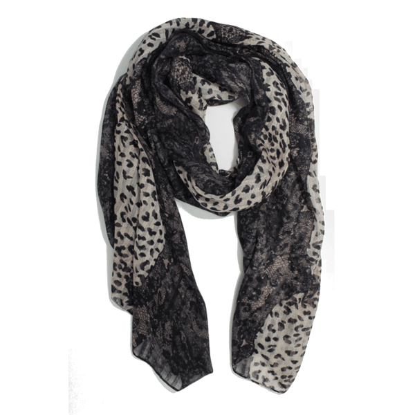 la fiorentina Animal Print Scarf Lace Trim - Grey