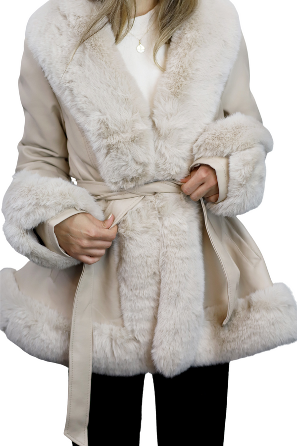 La Fiorentina La Fiorentina - Belted Faux Fur-Trimmed Jacket - Beige