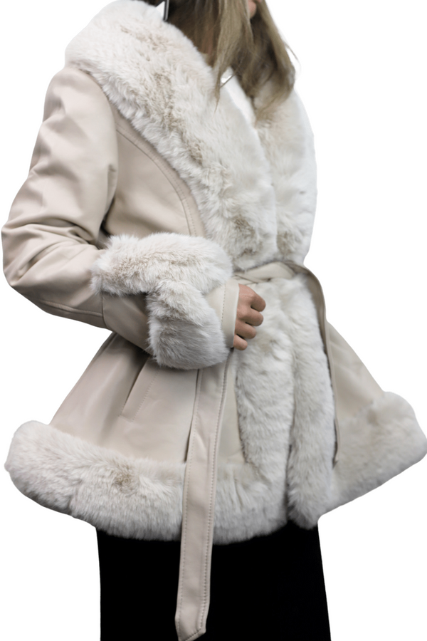 La Fiorentina La Fiorentina - Belted Faux Fur-Trimmed Jacket - Beige