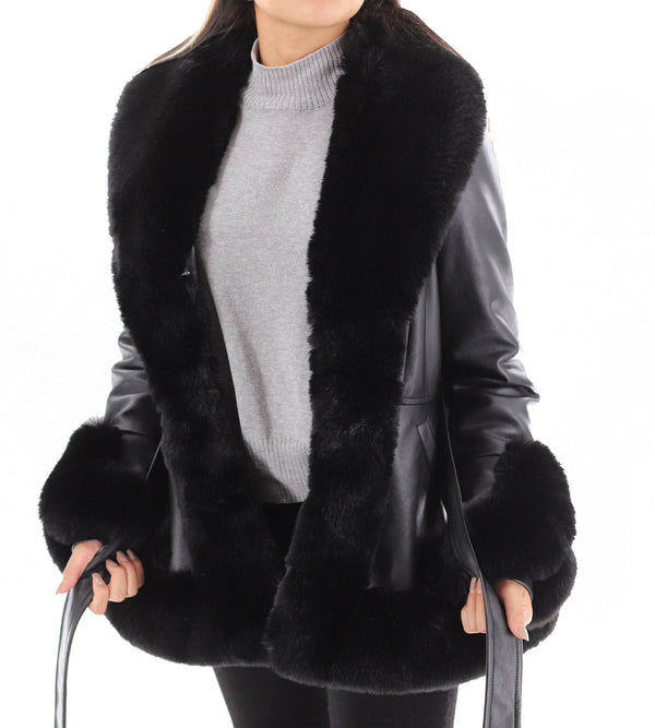 La Fiorentina La Fiorentina - Belted Faux Fur-Trimmed Jacket - Black