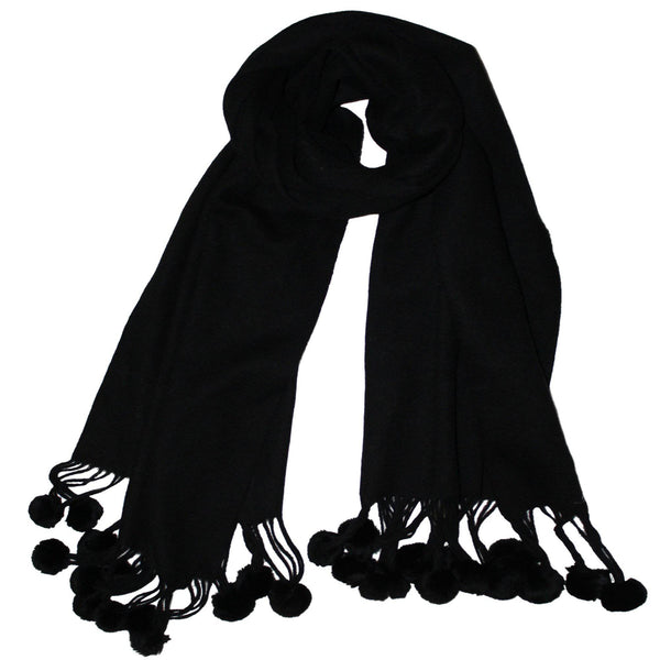 La Fiorentina Black Wrap With Rabbit Fur Pom Poms