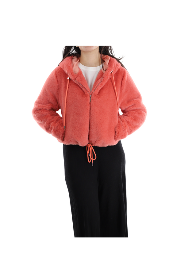 la fiorentina Cropped Faux Fur Jacket with Hood la fiorentina Cropped Faux Fur Jacket with Hood