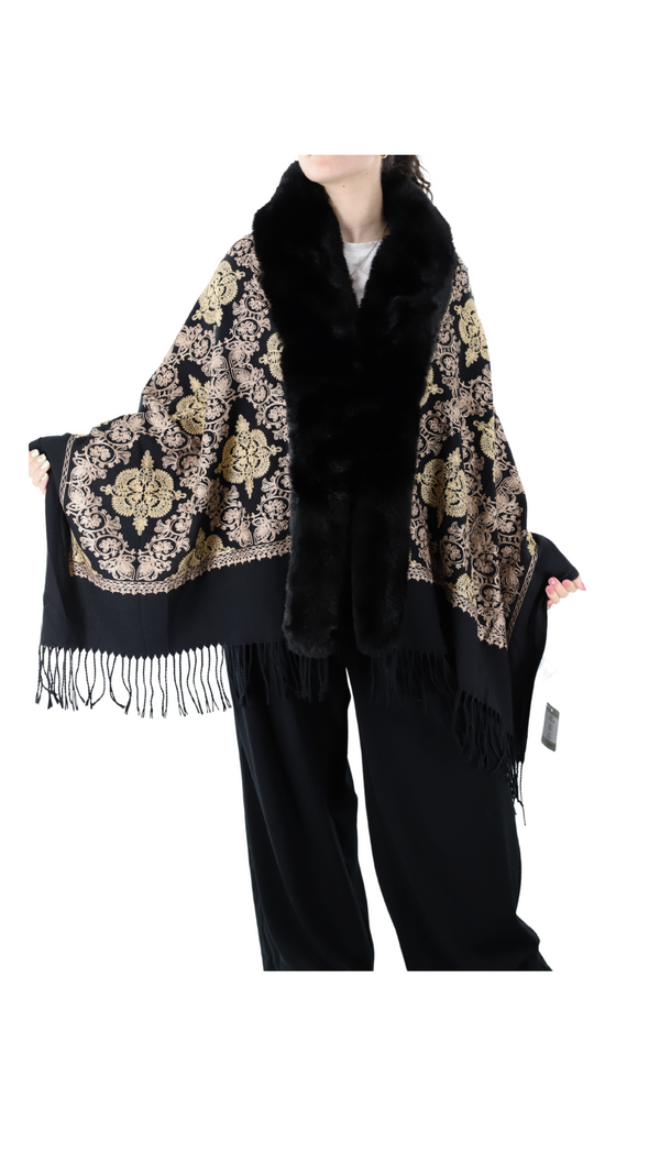 La Fiorentina Embroidered Wrap W/ Faux Fur Trim