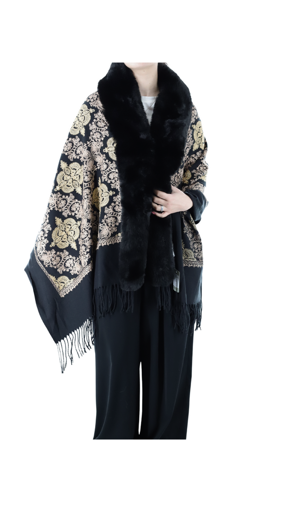 La Fiorentina Embroidered Wrap W/ Faux Fur Trim