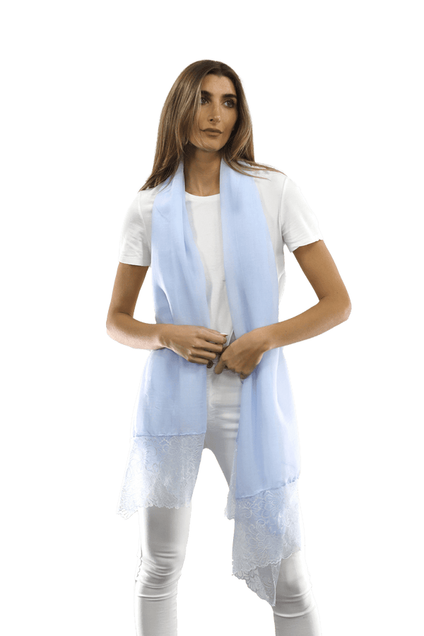 la fiorentina La Fiorentina Embroidery Laced Trim Scarf - Light Blue