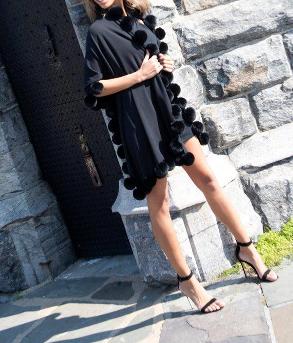 la fiorentina Faux Fur Poms Trim Wrap - Black