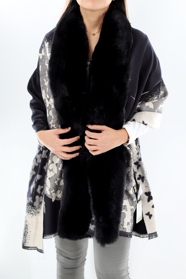 La Fiorentina La Fiorentina | Faux Fur Trim Wrap With Print - Black