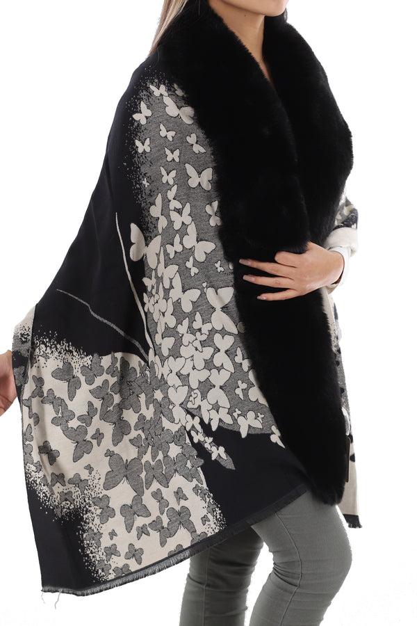 la fiorentina La Fiorentina | Faux Fur Trim Wrap with Print - Black