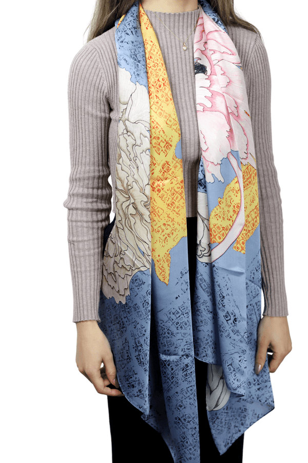 La Fiorentina La Fiorentina Floral/Equestrian Print 100% Silk Scarf - Blue