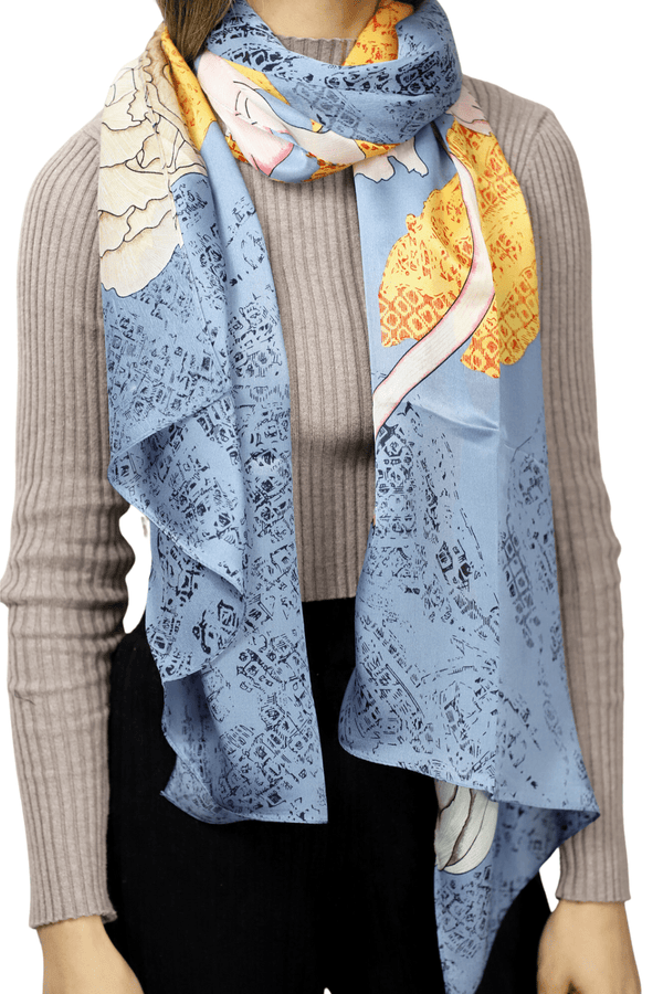 La Fiorentina La Fiorentina Floral/Equestrian Print 100% Silk Scarf - Blue