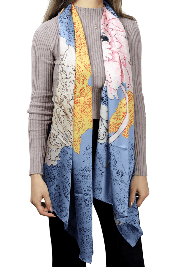 La Fiorentina La Fiorentina Floral/Equestrian Print 100% Silk Scarf - Blue