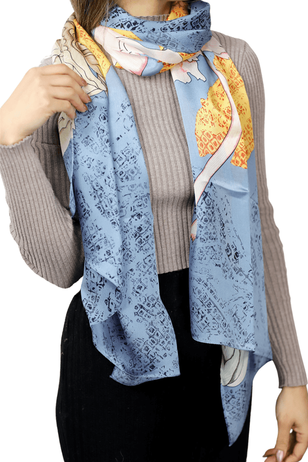 la fiorentina La Fiorentina Floral/Equestrian Print 100% Silk Scarf - Blue