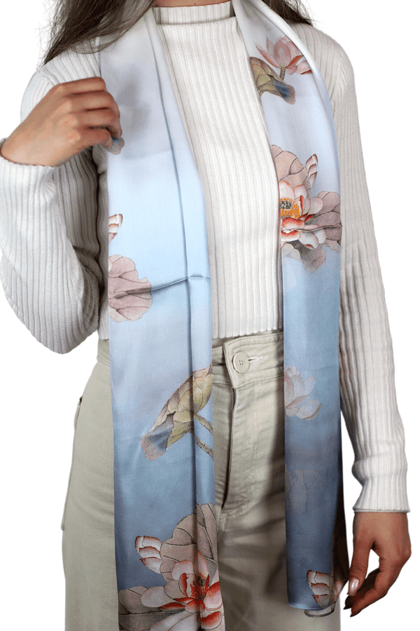 La Fiorentina La Fiorentina Floral Print 100% Silk Scarf - Blue