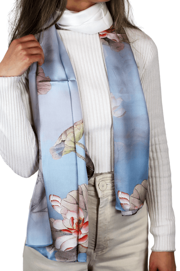 La Fiorentina La Fiorentina Floral Print 100% Silk Scarf - Blue