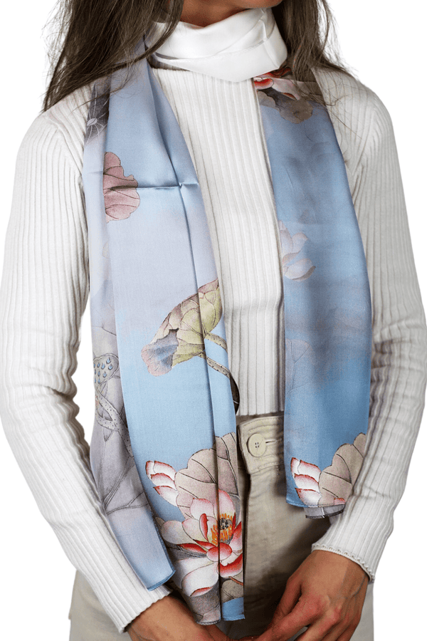 la fiorentina La Fiorentina Floral Print 100% Silk Scarf - Blue