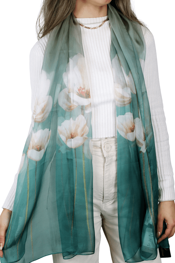 La Fiorentina La Fiorentina Floral Print 100% Silk Scarf - Green