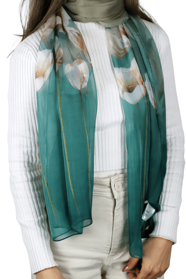 La Fiorentina La Fiorentina Floral Print 100% Silk Scarf - Green