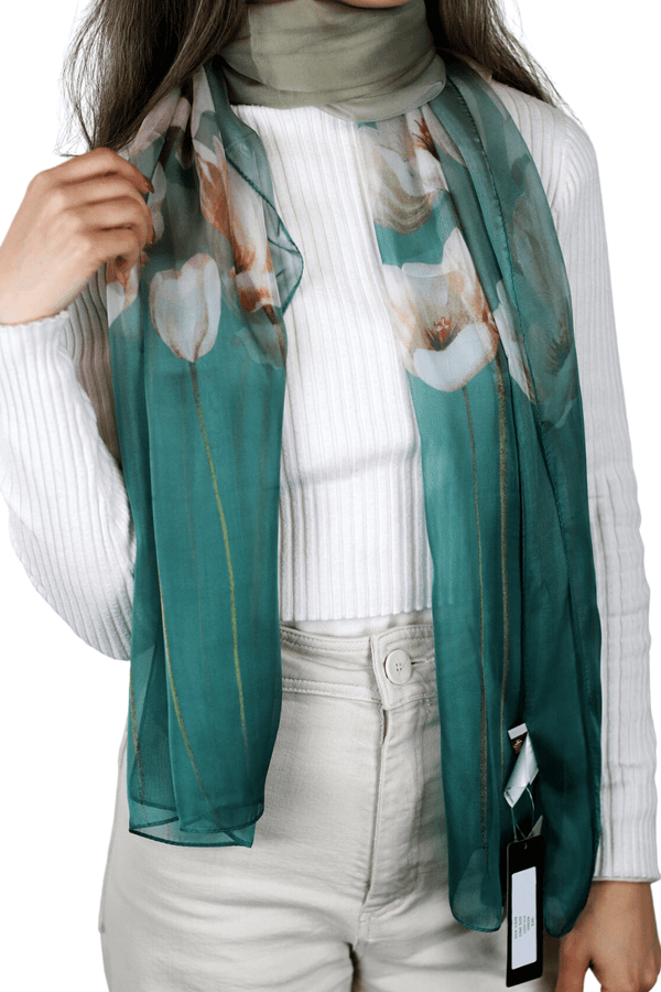 la fiorentina La Fiorentina Floral Print 100% Silk Scarf - Green