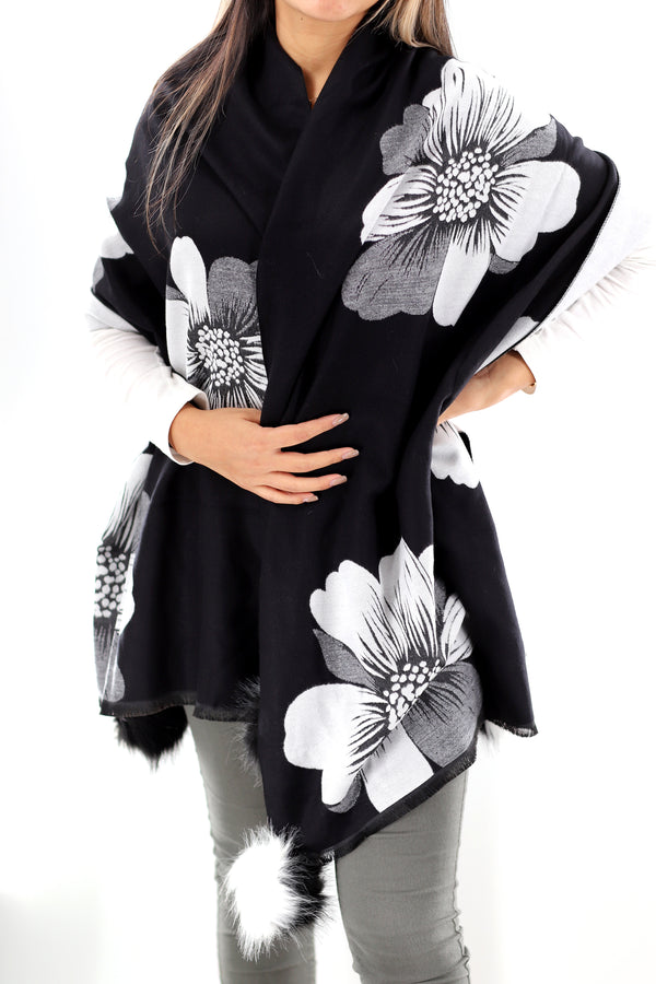 La Fiorentina La Fiorentina | Floral Print Wrap With FAUX Poms | Black/White