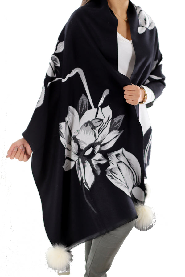 La Fiorentina La Fiorentina | Floral Print Wrap With FAUX Poms | Black/White