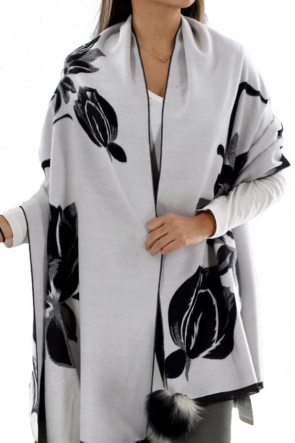 La Fiorentina La Fiorentina | Floral Print Wrap With FAUX Poms | Black/White