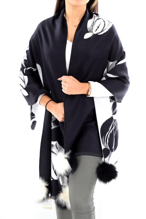 la fiorentina La Fiorentina | Floral Print Wrap with FAUX Poms | Black/White
