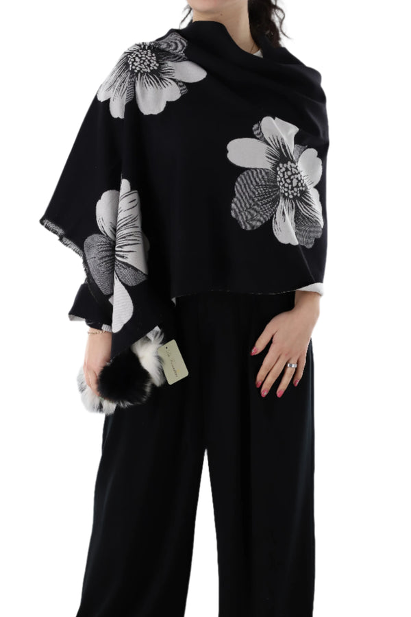 La Fiorentina La Fiorentina | Floral Print Wrap With Fox Poms | Black/White