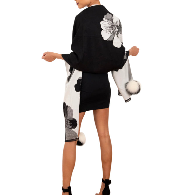 La Fiorentina La Fiorentina | Floral Print Wrap With Fox Poms | Black/White