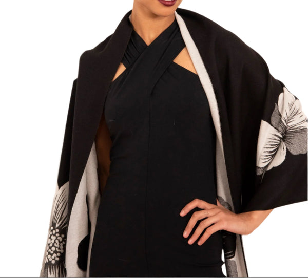 La Fiorentina La Fiorentina | Floral Print Wrap With Fox Poms | Black/White