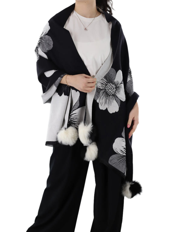 la fiorentina La Fiorentina | Floral Print Wrap with Fox Poms | Black/White la fiorentina La Fiorentina | Floral Print Wrap with Fox Poms | Black/White