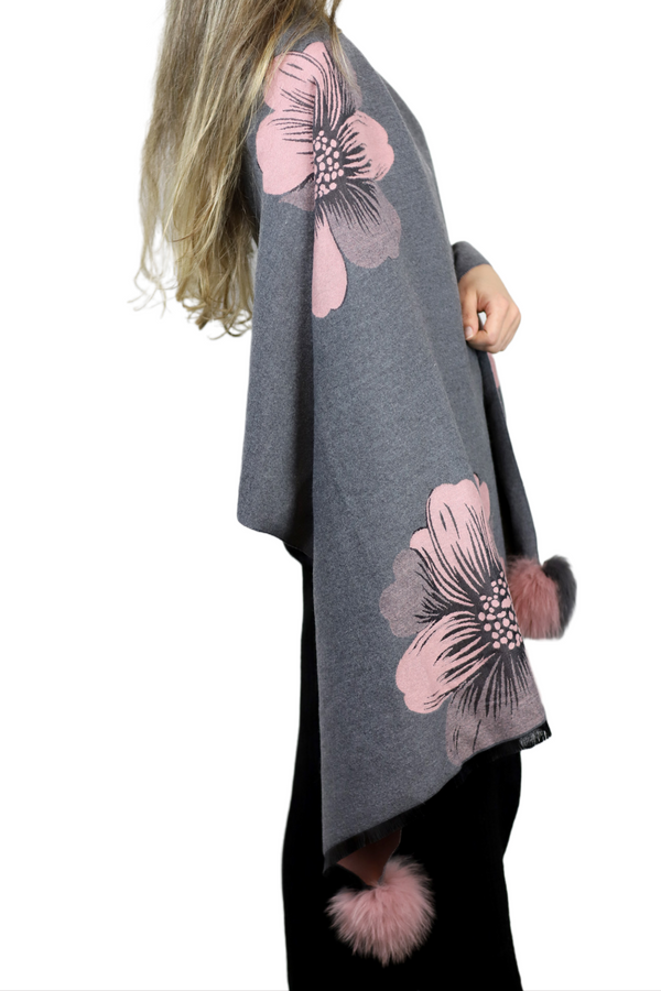La Fiorentina La Fiorentina | Floral Print Wrap With Fox Poms | Grey/Pink