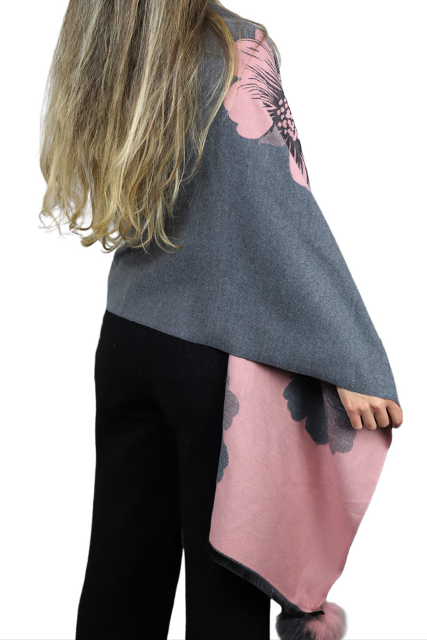 La Fiorentina La Fiorentina | Floral Print Wrap With Fox Poms | Grey/Pink