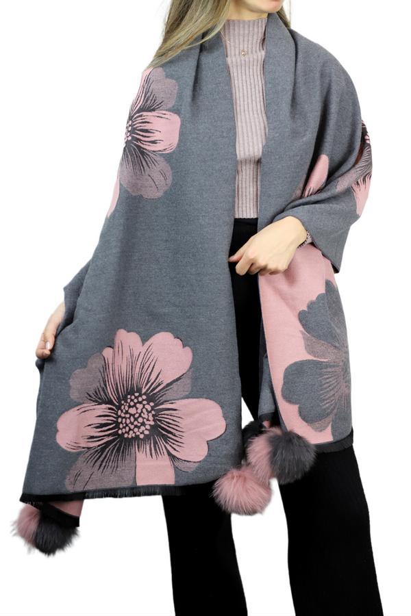 La Fiorentina La Fiorentina | Floral Print Wrap With Fox Poms | Grey/Pink