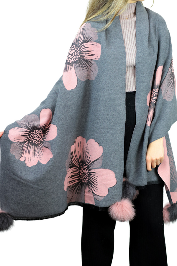 la fiorentina La Fiorentina | Floral Print Wrap with Fox Poms | Grey/Pink la fiorentina La Fiorentina | Floral Print Wrap with Fox Poms | Grey/Pink