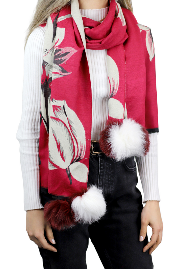 La Fiorentina La Fiorentina Garden Print Wrap With Fur Poms - Red/Ivory