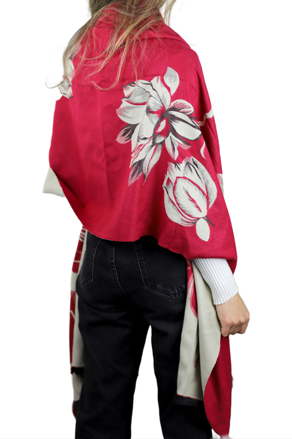 La Fiorentina La Fiorentina Garden Print Wrap With Fur Poms - Red/Ivory